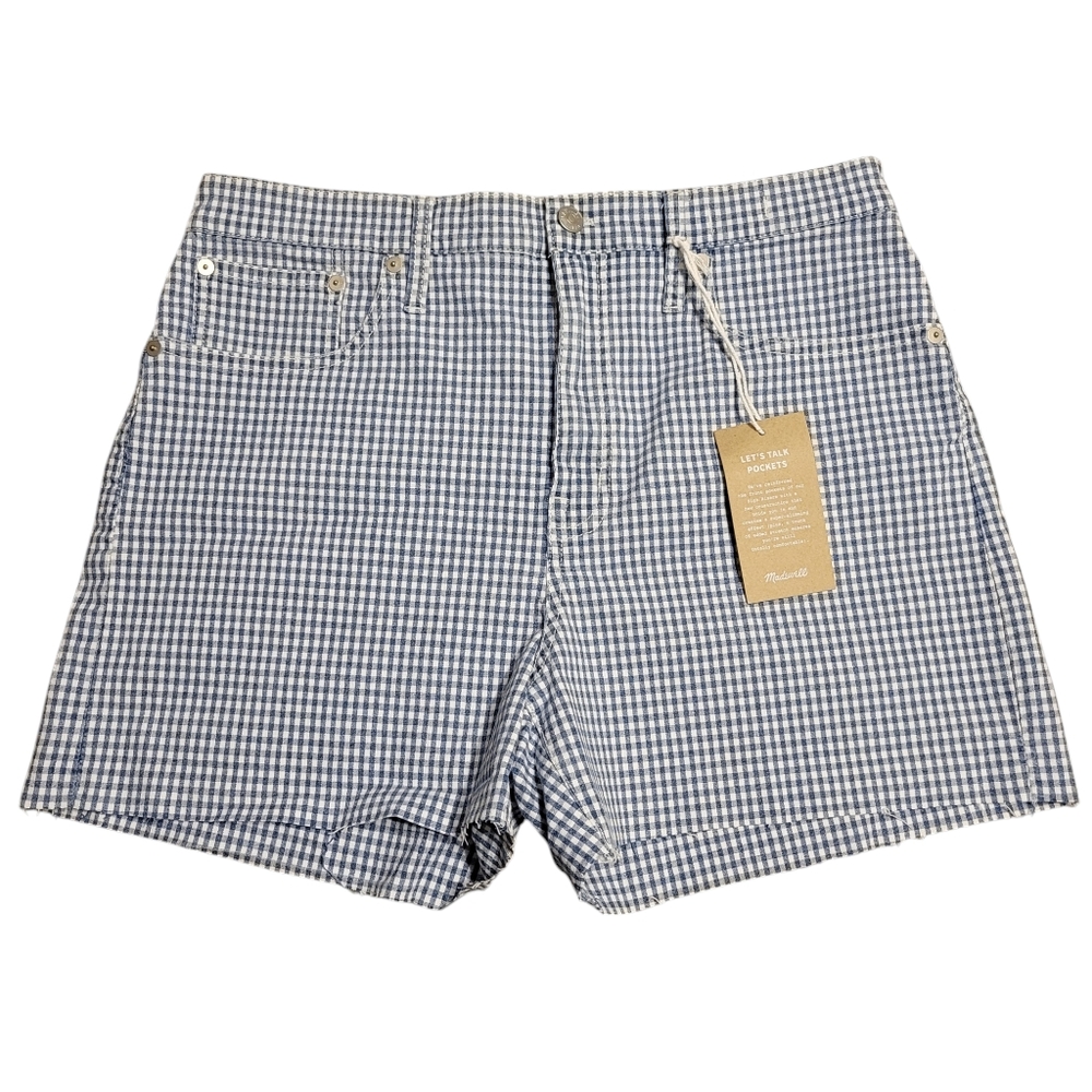 Madewell High Waist Gingham Shorts - Blue and White
